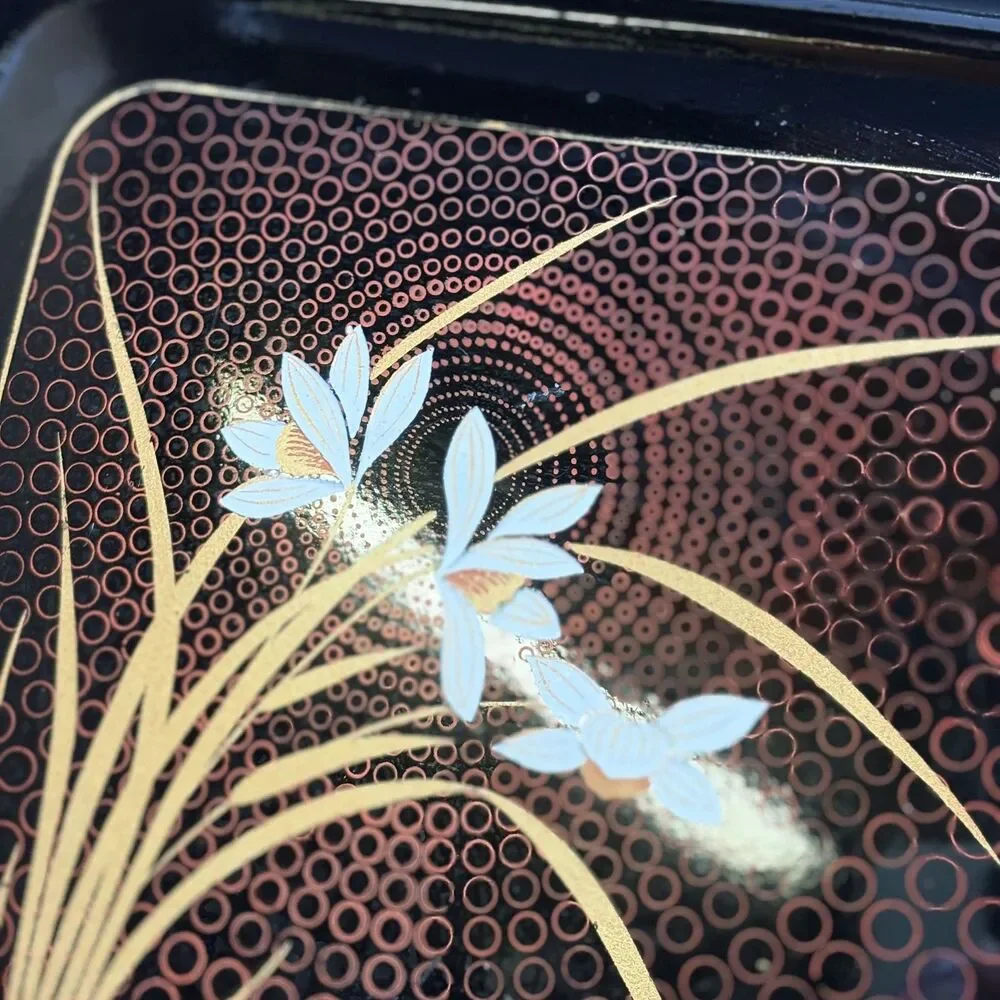 Vintage Japanese Lacquerware Tray Black Gold Iris Orchid Floral MCM Bar Vanity